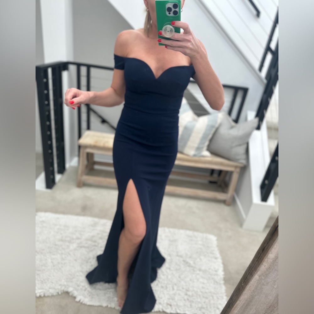 Windsor Navy Off-Shoulder Sweetheart Maxi Dress with Side Slit